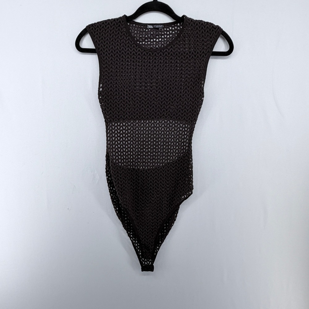 ZARA Womens‎ Open Knit Crochet Bodysuit Brown Cutout Back Sleeveless Small